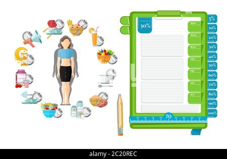 Gesundheitstagebuch. Frau mit ihrem Zeitplan Diät von links. Vorlage von Notizbuch Papier für Hinweis Recht. Vektor-Illustration Design auf weiß. Stock Vektor