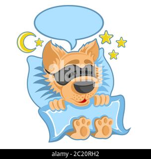Charakter roter Hund im Bett schlafen mit blindfellen und Sprechblase in Cartoon-Stil auf weiß. Stock Vektor