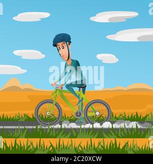 Mann in Sportbekleidung, auf dem Fahrrad, unterwegs. Sportler Cartoon Charakter Vektor Illustration. Stock Vektor
