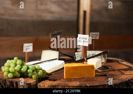 Rustikale Käseplatte mit einer Auswahl an etikettierten Käsesorten und Räucherfleisch mit Trauben. Stockfoto