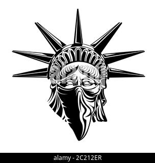 Freiheitsstatue Kopf mit Bandana auf Gesicht. Vektor-Illustration Symbol von amerika. Stock Vektor