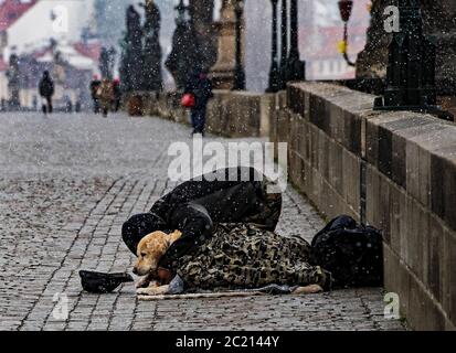 Prag, Tschechische Republik. März 2020. Ein Bettler mit seinem Hund an der Karlsbrücke in Prag, Tschechische Republik, 31. März 2020. Kredit: Roman Vondrous/CTK Foto/Alamy Live Nachrichten Stockfoto