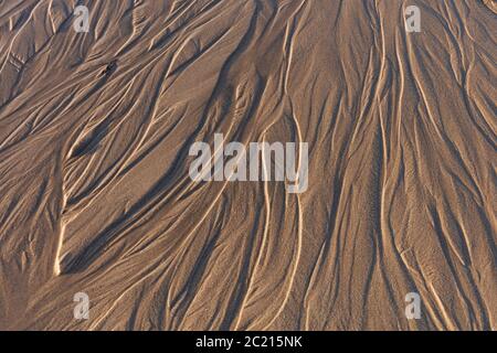 Nahaufnahme der Ansicht auf Muster in einem feuchten Sandstrand, zeigt Texturen, Formen und Wellen Nummer 2 Stockfoto