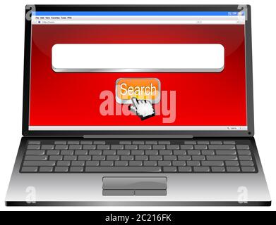 Laptop mit Internet-Suchmaschine und Cursor auf rotem Desktop - 3D-Illustration Stockfoto