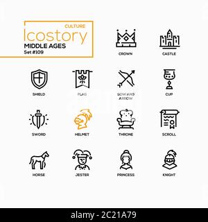 Mittelalter - Linie Design Stil Symbole gesetzt Stock Vektor