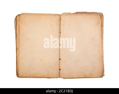 Altes Buch mit leeren Seiten gelbe Flecken auf weißem Hintergrund mit Freistellungspfad isolierter offener Stockfoto