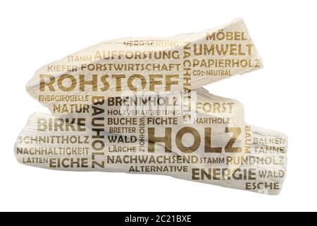 Wort Wolke mit drei Stücke Holz als Hintergrund und relevanten deutschen Keywords zum Thema Rohstoff Holz Stockfoto