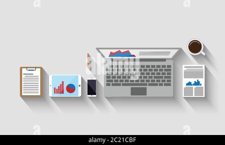 Draufsicht auf Arbeitsplatz, Geschäftskonzept, Vektordarstellung Stock Vektor