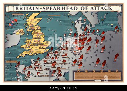 „Britain Spearhead of Attack“, Jahrgang des 2. Weltkrieges, Donald Blake Illustration Map, „Britain Spearhead of Attack“, Propagandaplakat des Office of war Information. Illustration von alliierten Luft- und Landmilitäroffensiven gegen Nazi-Deutschland und besetzte Länder. Datum 1943–1945 Zweiten Weltkrieg des schottischen Künstlers Donald Blake, Stockfoto