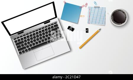 Draufsicht auf modernen Arbeitsplatz, Laptop-Kaffee Papier Notizstift auf dem weißen Hintergrund und Kopierer Platz für Text, Geschäftskonzept, Vektor-Illustration Stock Vektor