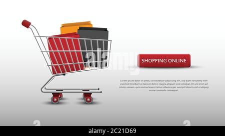 Shopping Online-Konzept, Warenkorb und Taschen isoliert Vektor-Illustration Stock Vektor