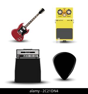 Musikinstrumente Icon, Gitarre, Verstärker, Pick und Effekt Pedal, realistische Vektor-Illustration Stock Vektor