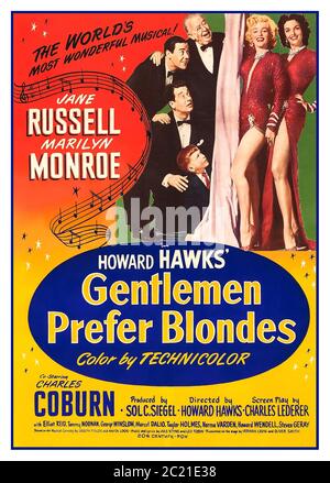 Archiv Filmplakat 'Gentlemen Prefer Blondes' (20th Century Fox, 1953) Jane Russell und Marilyn Monroe schlängeln sich auf einem eleganten Ozeandampfer über den Atlantik nach Paris, während sie nach reichen Ehemännern suchen. Unter der Leitung von Howard Hawks (und der Hilfe von der Ersatzsängerin Marni Nixon) hat Marilyn mit ihrer Darbietung von 'Diamonds are A Girl's Best Friend' einen ihrer bekanntesten Leinwandmomente. Mit Jane Russell und Marilyn Monroe, Charles Coburn, Elliott Reid, Tommy Noonan, George Winslow, Marcel Dalio, Taylor Holmes Norma Varden Howard Wendell und Steven Geray Stockfoto