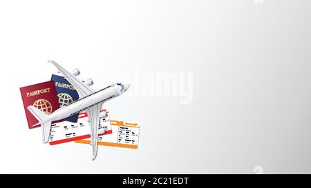 Flugzeug, Reisepass und Bordkarte auf leerem Hintergrund mit Platz für Text, Reisehintergrund, Vektorgrafik Stock Vektor