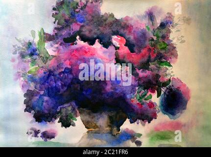 Aquarell Blumen Flieder in EINER Vase Floral Hintergrund Textur Handgemalte Illustration Stockfoto