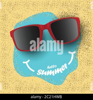 Sonnenbrille mit Hello Sommer Text auf Sand, Sommer Konzept Hintergrund, Vektor-Illustration Stock Vektor