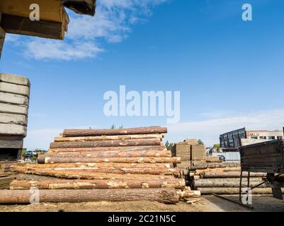 Das Gebiet des Sägewerks mit frisch gesägtem Holz in Würfel gelegt und ganze unbehandelte große Freiholz, umweltfreundliche Baustoffe aus Loggi Stockfoto