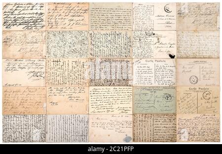 Vintage verwendete Papier Textur Hintergrund. Antike Postkarten. Alte handgeschriebene undefinierte Texte aus ca. 1900. Stockfoto