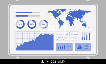 Virtueller Bildschirm mit Datenanalyse, Statistikdiagramm, Vektordarstellung Stock Vektor