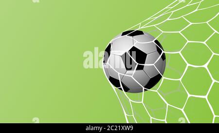 Realistischer Fußball im Netz auf grünem Hintergrund mit Coppy Platz für Text, Vektorgrafik Stock Vektor