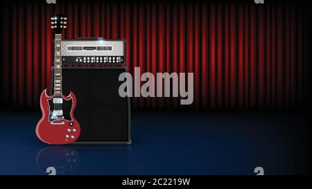 Musik Hintergrund Konzept, Gitarre und Verstärker auf rotem Vorhang Hintergrund, Vektor-Illustration Stock Vektor