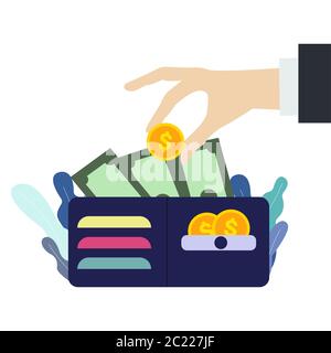 Hand setzen Einkommen Dollar Münze in der Brieftasche. Geldbörse mit Geld im flachen Stil. Konzept des Diebstahls von Bargeld. Isolierte Abbildung Stock Vektor