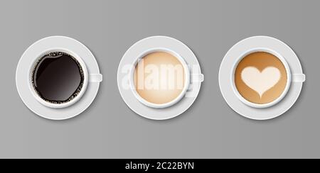Kaffee in weißen Tassen Ansicht von oben, Set von Kaffee, Vektor-Illustration Stock Vektor