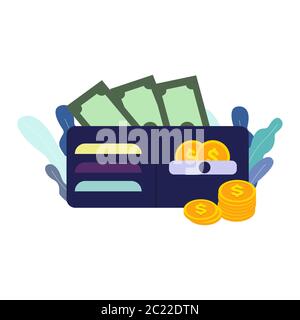 Offene Geldbörse mit Geld in flacher Form. Cash-Back-Konzept. Isolierte Abbildung Stock Vektor
