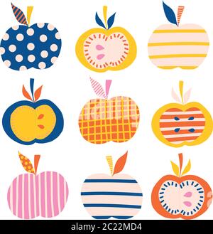 Symbole für Vektorgrafik „Äpfel“. Süße abstrakte Apfelfrucht in blau, rosa, orange, gelb im skandinavischen Stil. Verwenden Sie für Kinder Produkte, Kinder Stock Vektor