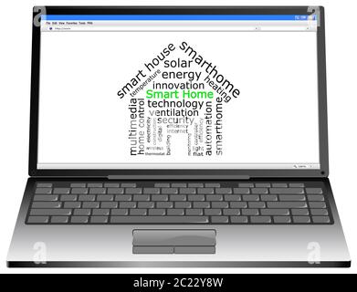 Laptop-Computer mit Smart Home wordcloud auf weißem Desktop - 3D-Abbildung Stockfoto