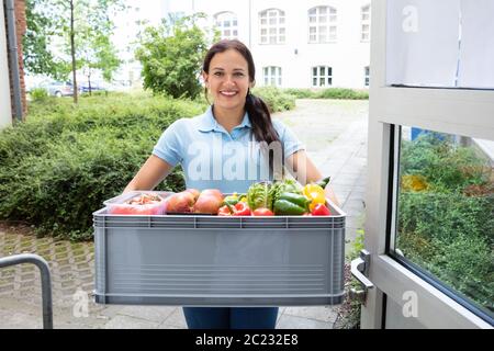 Porträt der jungen Frau mit Lebensmittelgeschäft Warenkorb außerhalb des Hauses Stockfoto