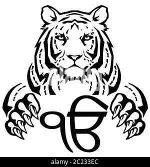 Der Tiger und das bedeutendste Symbol des Sikhismus - Zeichen Ek Onkar, Zeichnung für Tattoo, auf weißem Hintergrund, Vektor Stock Vektor