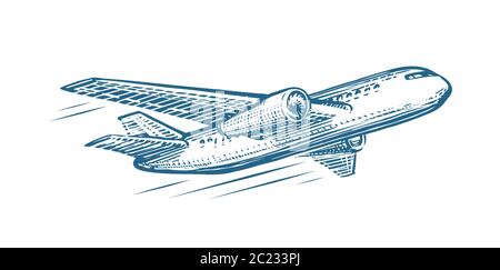 Flugzeugskizze. Flugverkehr, Fluglinie, Retro Flugzeug Vektor Illustration Stock Vektor