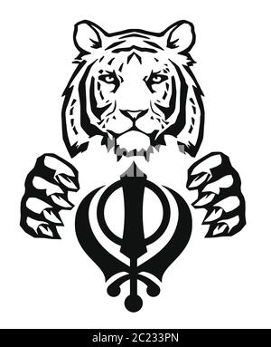 Der Tiger und das bedeutendste Symbol des Sikhismus - Zeichen der Khanda, Zeichnung für Tattoo, auf weißem Hintergrund, Vektor Stock Vektor