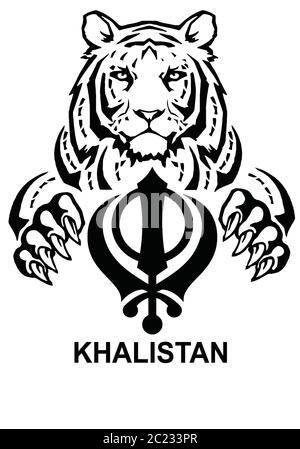 Der Tiger und das bedeutendste Symbol des Sikhismus - Zeichen von Khanda und Khalistan, Zeichnung für Tattoo, auf weißem Hintergrund, Vektor Stock Vektor