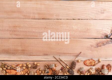 Herbst Hintergrund. Kegel, Eicheln und Stücke Holz auf Holz Hintergrund. Die Aussicht von oben. Stockfoto