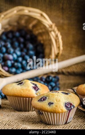 Blueberry Muffins Milch und Marmelade im Hintergrund und Korb voll mit Heidelbeeren Stockfoto