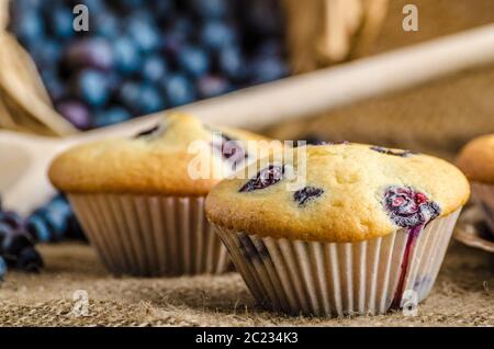 Blueberry Muffins Milch und Marmelade im Hintergrund und Korb voll mit Heidelbeeren Stockfoto