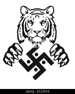 Der Tiger und das Symbol der indischen Religion des Jainismus - das Hakenkreuz, Zeichnung für Tätowierung, auf weißem Hintergrund, Vektor Stock Vektor