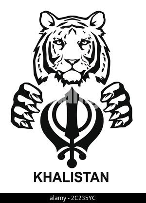 Der Tiger und das bedeutendste Symbol des Sikhismus - Zeichen von Khanda und Khalistan, Zeichnung für Tattoo, auf weißem Hintergrund, Vektor Stock Vektor