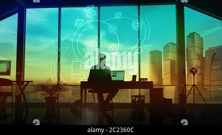 Silhouette eines Mannes zu Hause hinter einem Laptop umgeben von Infografiken zum Thema soziale Netzwerke und das Internet. Stockfoto