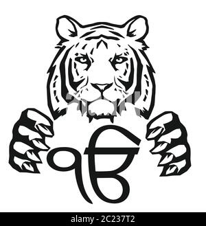 Der Tiger und das bedeutendste Symbol des Sikhismus - Zeichen Ek Onkar, Zeichnung für Tattoo, auf weißem Hintergrund, Vektor Stock Vektor