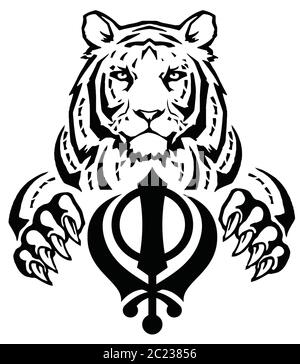 Der Tiger und das bedeutendste Symbol des Sikhismus - Zeichen der Khanda, Zeichnung für Tattoo, auf weißem Hintergrund, Vektor Stock Vektor