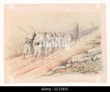 Zeichnung von Adolf Metzner zeigt Truppen, die im Regen auf einer Straße marschieren. Green River, Kentucky, USA. Amerikanischer Bürgerkrieg (1861-1865) Stockfoto