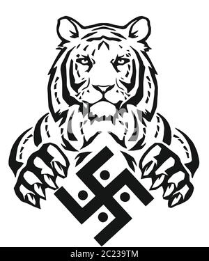 Der Tiger und das Symbol der indischen Religion des Jainismus - das Hakenkreuz, Zeichnung für Tätowierung, auf weißem Hintergrund, Vektor Stock Vektor