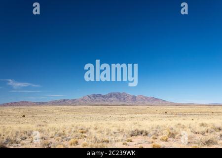 Entfernte Bergkette jenseits einer flachen grasigen Ebene, brillant blauer Himmel kopieren Raum, horizontaler Aspekt Stockfoto