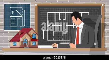 Architekt erstellen Bauprojekt im Büroinneren. Hausbau und Entwicklung. Entwickler, Hausmodell und Blaupause Zeichnung. Hypothek, Immobilien und Investitionen. Vektor mit flachem Stil Stock Vektor