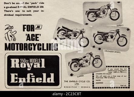 Vintage-Werbung für die britischen Royal Enfield 250cc Motorräder. Stockfoto