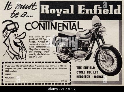 Vintage-Werbung für das britische Royal Enfield Continental 250cc Motorrad. Stockfoto