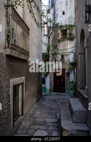 Enge Straßen mit Treppen, weiße Häuser und Blumen in Peschici. Schöne Architektur Gebäude Exterieur im historischen Zentrum, Gargano, Italien Stockfoto